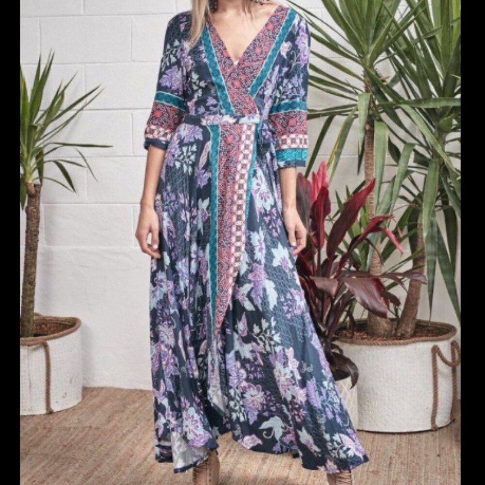 JAASE Purple Haze Wrap Maxi Dress Size Medium Boho Feminine Colourful Flowy